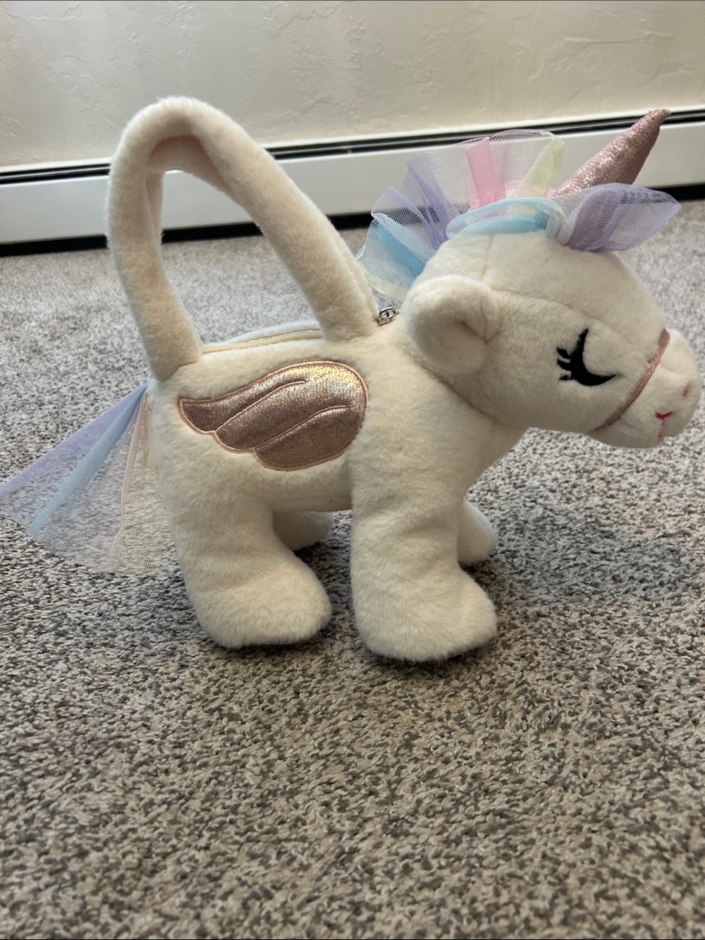 Plush White Unicorn Handbag with Rainbow Tulle and Metallic Wings